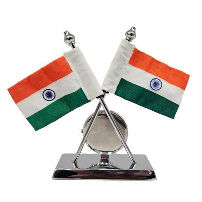 Indian Flag with Quartz Watch on Rectangular Brass Metal Base Stand For Car Dashboard Office Gift Purpose