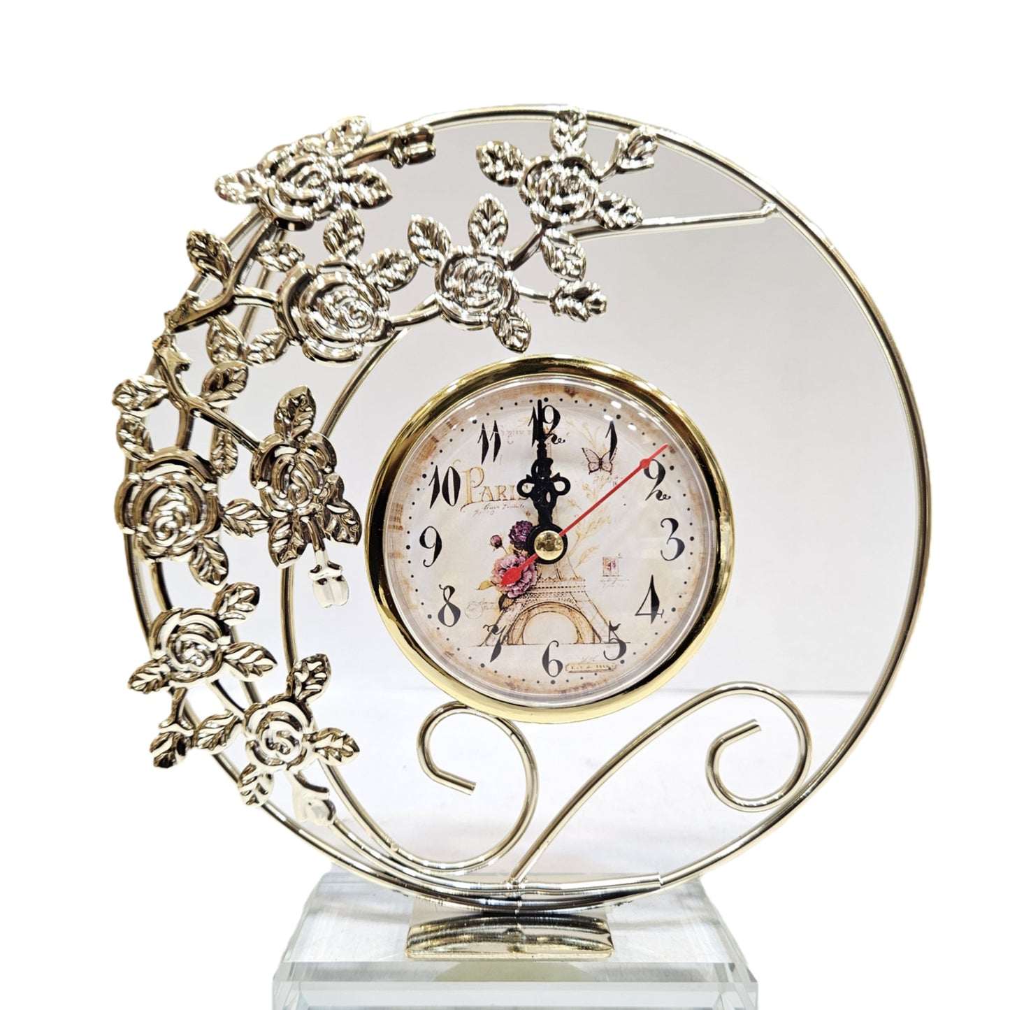 Decorative table clock with rose design, modern metal tabletop or desk clock Showpiece Figurine