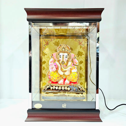 Imported 24carat Gold Plated Cabin Idol with stones Decorated Hand Made Sculpture of Ganesha with Lighting Full Decorate for Puja Room Or Home Decor