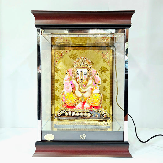 Imported 24carat Gold Plated Cabin Idol with stones Decorated Hand Made Sculpture of Ganesha with Lighting Full Decorate for Puja Room Or Home Decor