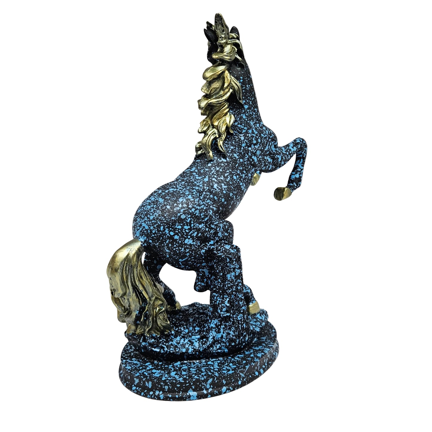 Modern graffiti resin horse sculpture with a black and blue speckled finish and gold accents Showpiece