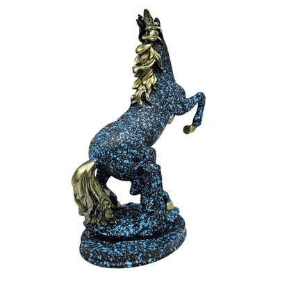 Modern graffiti resin horse sculpture with a black and blue speckled finish and gold accents Showpiece