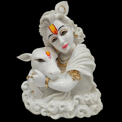 Lord Krishna Marble dust Idol Statue Handcrafted White & Gold Krishna Murti with Cow,Hindu God Idol for Home Decor, Pooja Ghar & Gifting
