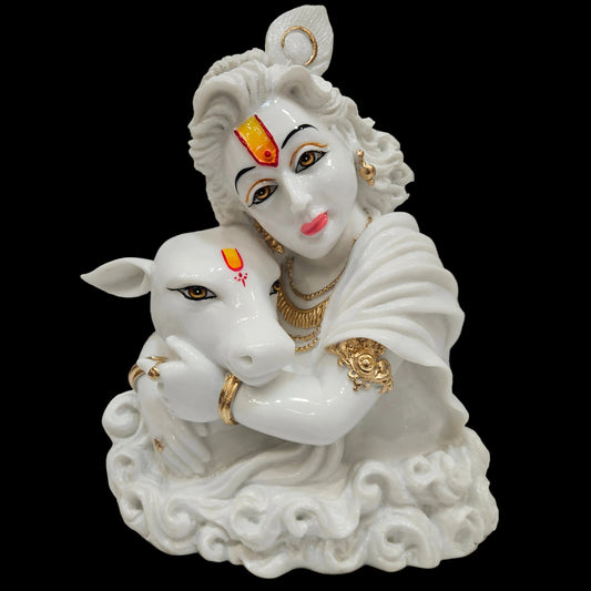 Lord Krishna Marble dust Idol Statue Handcrafted White & Gold Krishna Murti with Cow,Hindu God Idol for Home Decor, Pooja Ghar & Gifting