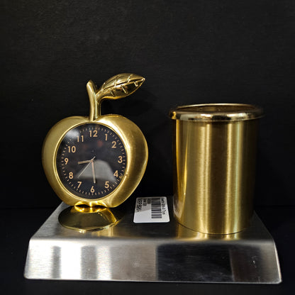 Metal Pen Stand Showpiece - Gold Plated Apple Shape Table Clock with Pen Stand - New Job, New Year Gift for Employees, Corporate Clients