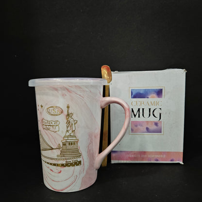 USA Statue of liberty printed Ceramic mug with spoon