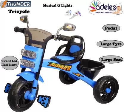 Dash star thunder tricycle with Lights& backrest for safety,storage Basket & cushion seat for comfortable experience tricycle for kids
