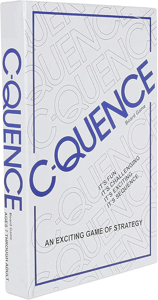 the "C-Quence" board game, a strategy game for ages 7 and up. It is designed for 2-12 players and involves forming sequences of five chips in a row on the game board.