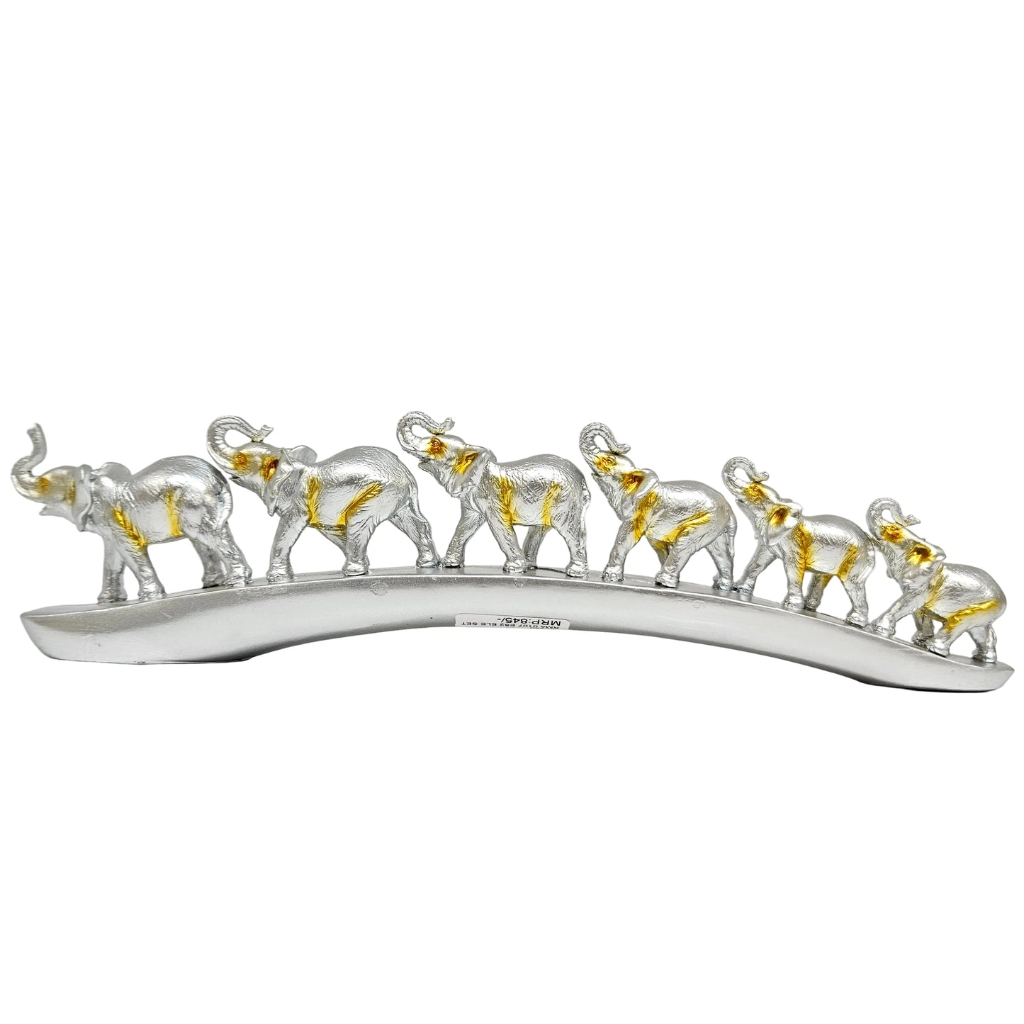 Decorative showpiece featuring six elephants walking in a row along a curved, bridge-like base