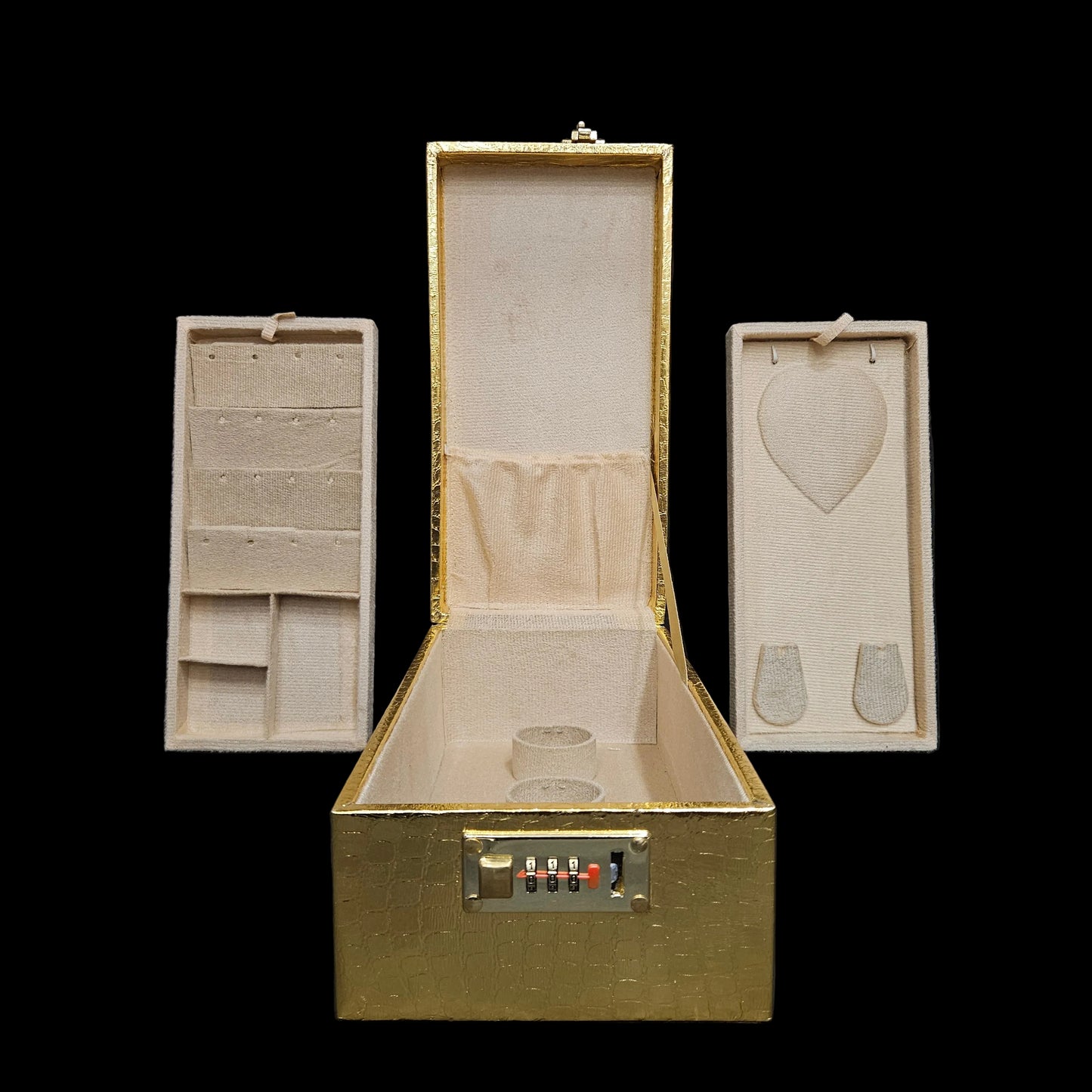 Luxurious Gold Jewelry Box with Combination Lock, Textured Pattern Storage Case, Beige Velvet Interior, Multiple Compartments for Rings, Necklaces