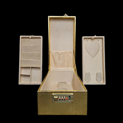 Luxurious Gold Jewelry Box with Combination Lock, Textured Pattern Storage Case, Beige Velvet Interior, Multiple Compartments for Rings, Necklaces