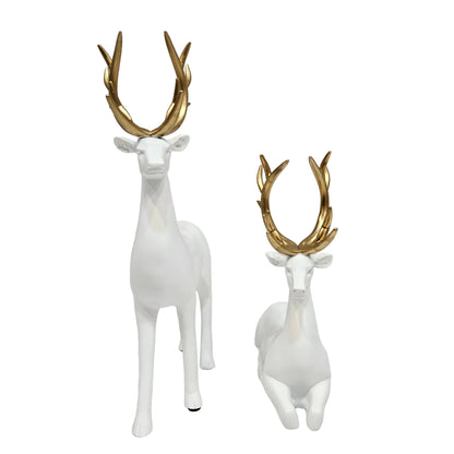 White resin deer 2pcs set figurines a distinct gold antler design Showpiece