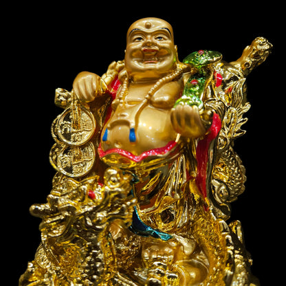 Fengshui Exclusive Polyresin Medium Size Happy Man with Dragon On Wooden Base for Office Decor, Home Decoration