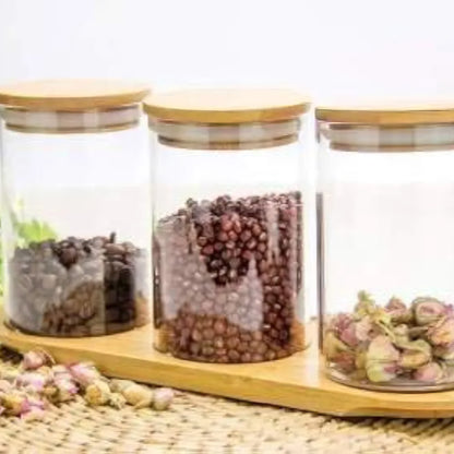 Glass jar with Wooden Lid for Food Storage containers, Candy, Cookie, Kitchen Canister for Sugar, Rice and Spice Jars 270ml Set of 3