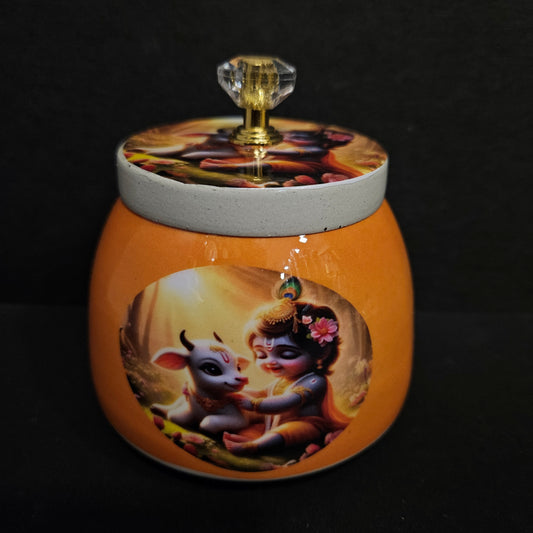 Little Krishna themed Metal Pichwai jar for Storage purpose,Return Gifts,marriage gifts