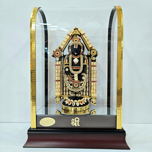 24 carats gold Plated Balaji Idol Statue Decorated with attractive stones designed in a transparent protective cabin