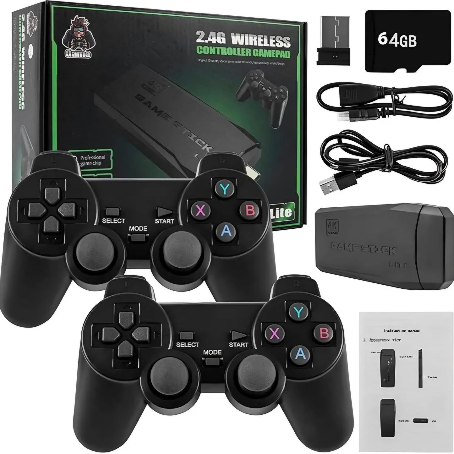 4K Ultra HD Game Stick with 2 Wireless Controllers, Double Player Support, Cable-Free Gaming