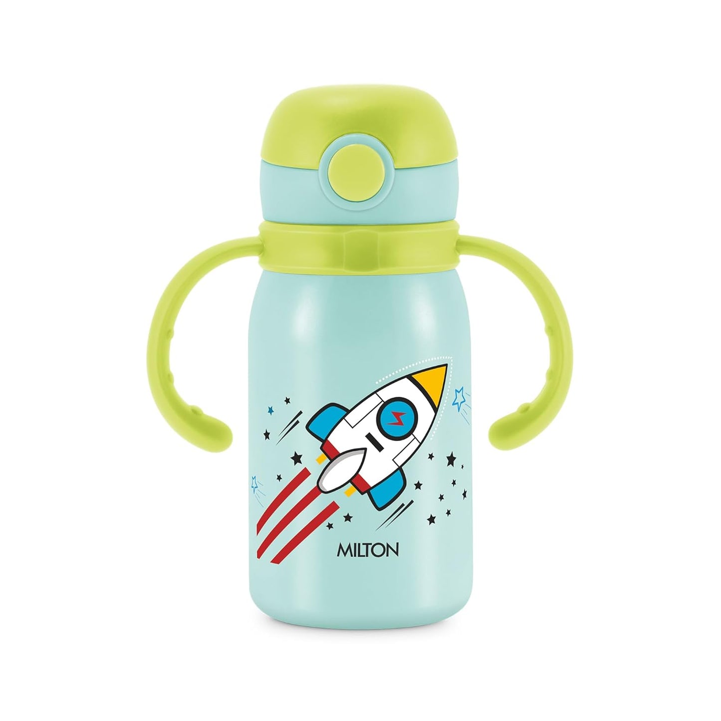 Children's sippy cup with rocket design and green handles on a white background