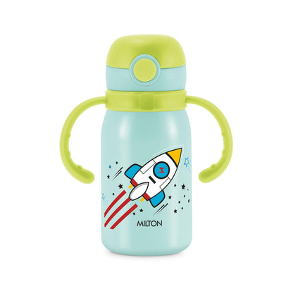 Children's sippy cup with rocket design and green handles on a white background