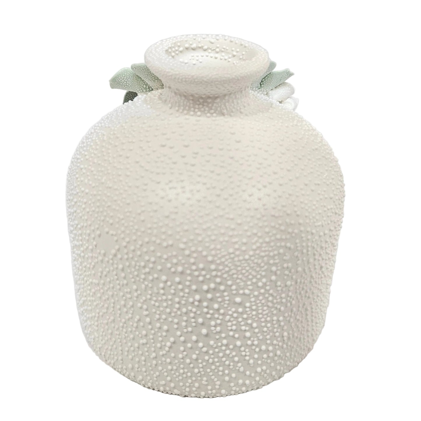 Textured white ceramic vase decorative pastel green floral accents pot