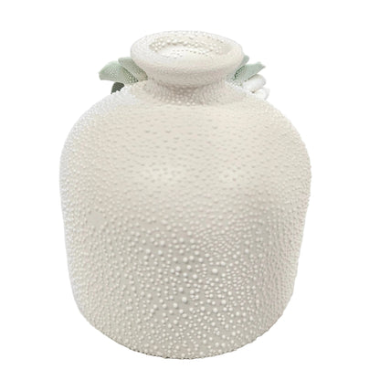 Textured white ceramic vase decorative pastel green floral accents pot