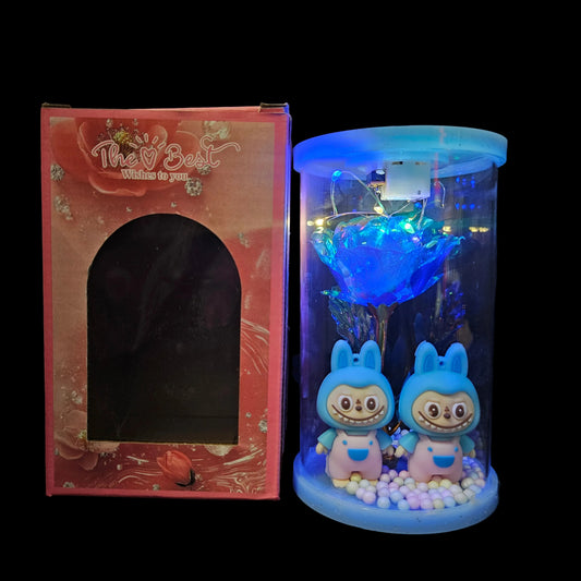 Labubu couple & artificial rose flower  glass capsule with lights perfect couple gifting