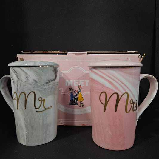 Couple Mug Coffee Ceramic Marble Cups with Lid Spoon Costers 14 Oz Wedding Anniversary Valantine Engegment Gifts for Bride and Groom Mr & MRS