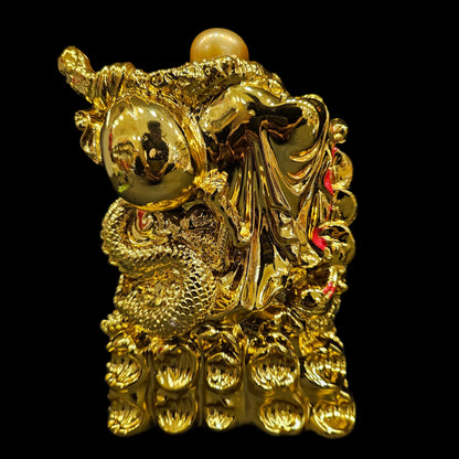 Fengshui Exclusive Polyresin Medium Size Happy Man with Dragon On Wooden Base for Office Decor, Home Decoration