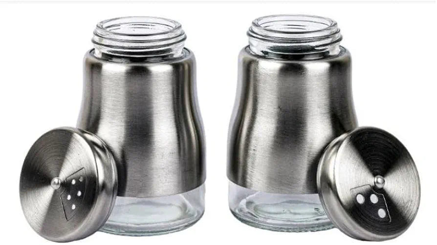 Salt and Pepper Container for Dining Table with Stand Glass & Steel Premium Big Salt Jar Sprinkler Container Shaker with Different Size Roaters 2 Container Salt n Pepper Set