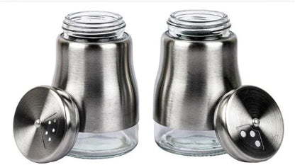 Salt and Pepper Container for Dining Table with Stand Glass & Steel Premium Big Salt Jar Sprinkler Container Shaker with Different Size Roaters 2 Container Salt n Pepper Set