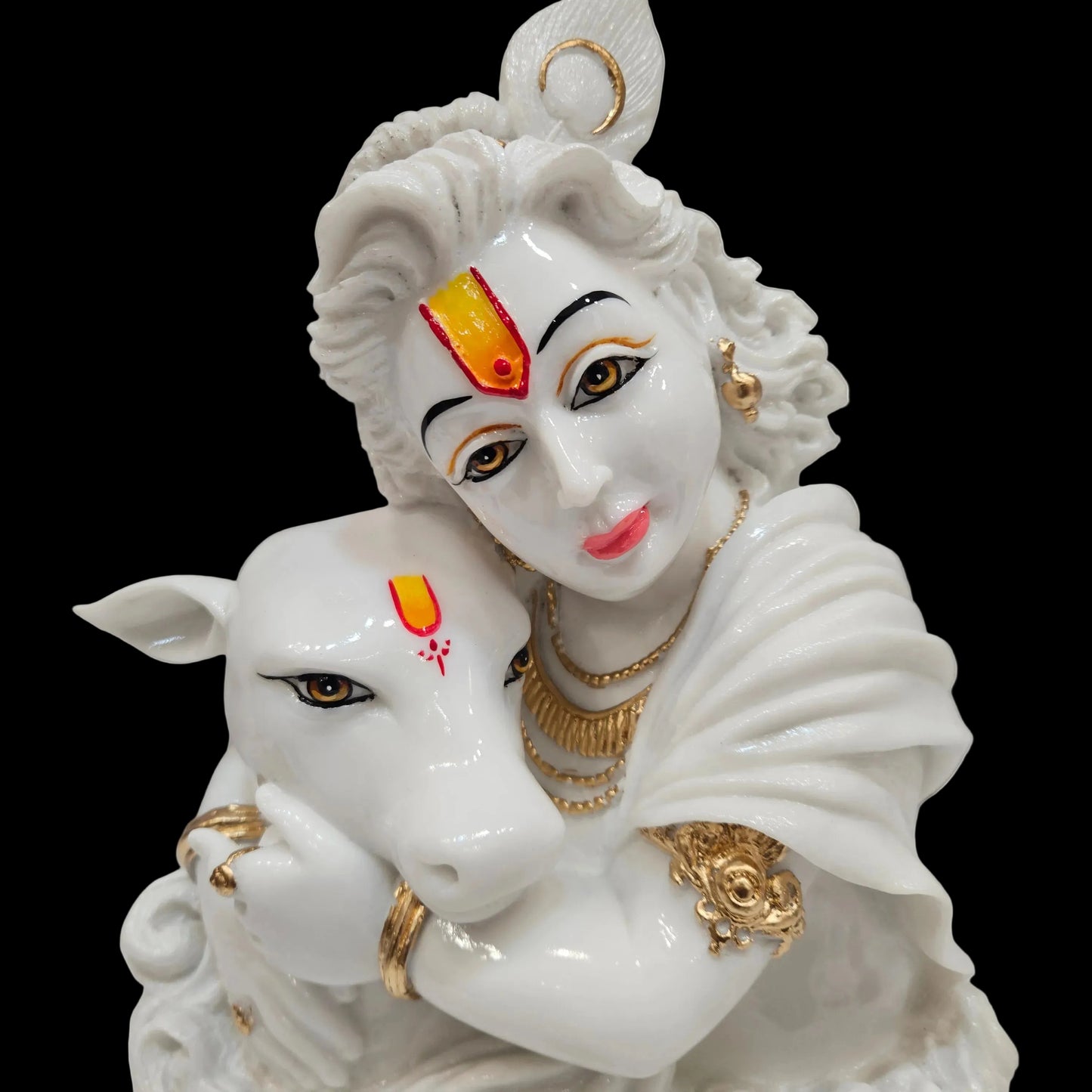 Lord Krishna Marble dust Idol Statue Handcrafted White & Gold Krishna Murti with Cow,Hindu God Idol for Home Decor, Pooja Ghar & Gifting