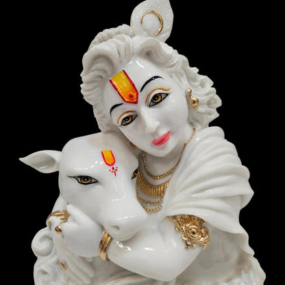 Lord Krishna Marble dust Idol Statue Handcrafted White & Gold Krishna Murti with Cow,Hindu God Idol for Home Decor, Pooja Ghar & Gifting