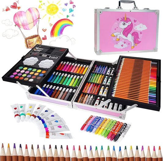 Unicorn Art Set, which is a kit designed for children's drawing and painting activities.  145 pieces coloring set