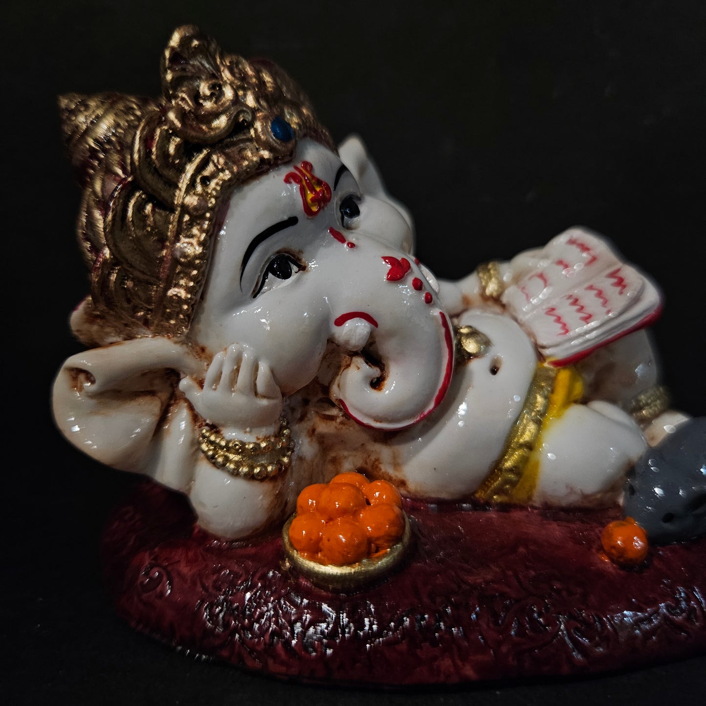 Handcrafted Resin Resting Lord Ganesha Idol Decorative Showpiece for Home Temple, Pooja Room, Office, Car Dashboard