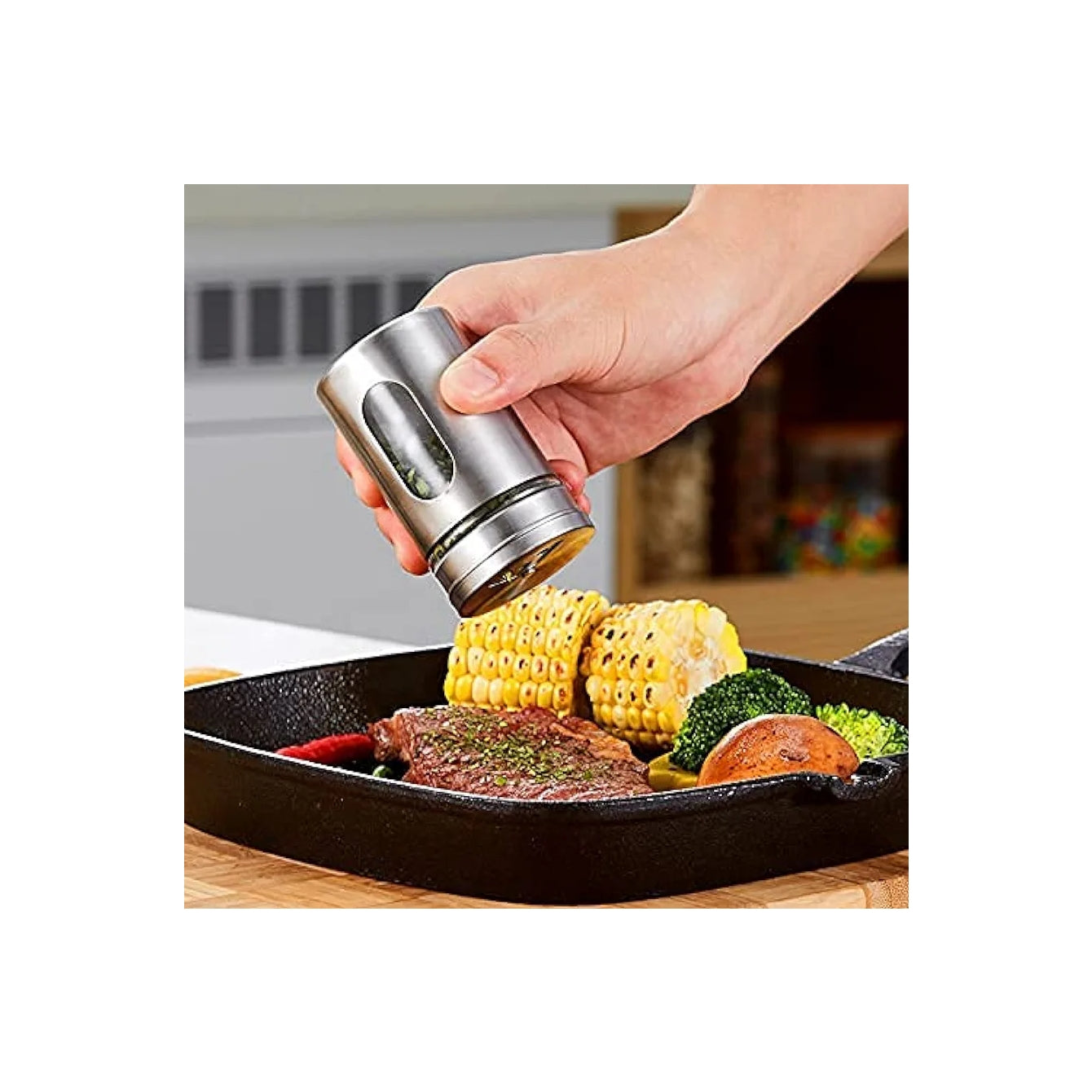Glass Spice Jar Stainless Steel & Salt & Pepper Shaker, Oregano, Chilli Flakes Seasoning Sprinkler,Air Tight Kitchen Container,Dining Table Masala Box Dabbi