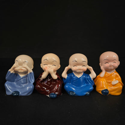 Think No Evil, Speak No Evil, Hear No Evil, See No Evil Set of 4 Baby Monk Buddha Statue with Hat Decorative Showpiece for car Dashboard, Home Office Decor & Gift Purpose