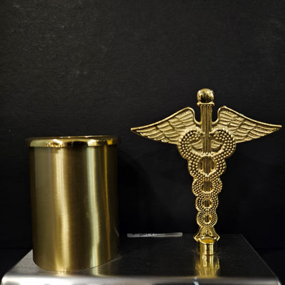 Personalized Metal Pen Pencil Holder Stand Desk Organizer with Attached Doctor Symbol Caduceus for Doctor's Desk with Name Engraved on it, Gold And Silver
