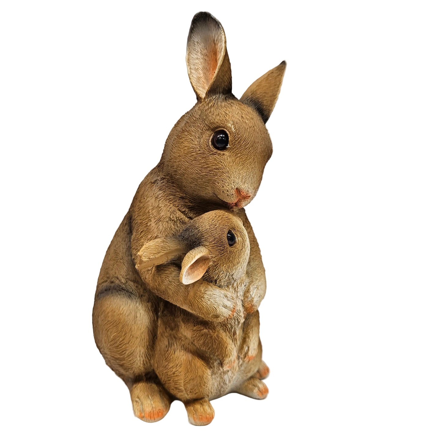 Resin rabbit family statue features a mother bunny holding her baby, designed for both indoor and outdoor
