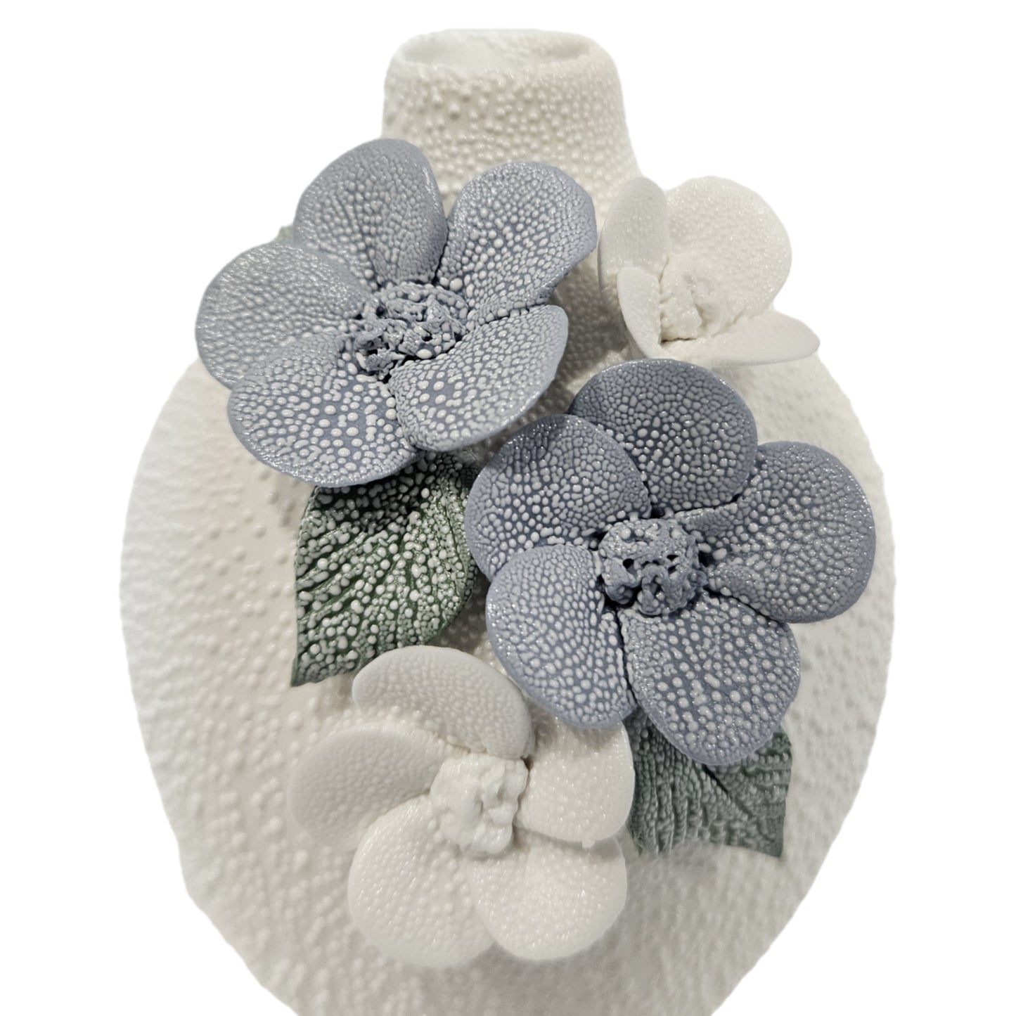 water droplets textured ceramic vase with light blue and white flowers vase