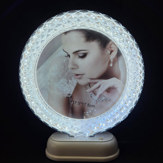 White circular Shaped Crystal designed Photo Frame with Button Operated for gifting purpose/couple gifting