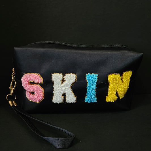 Nylon Preppy Makeup Pouch with Chenille Varsity Letter Patch, Skin Care Travel Bag Organizer for Girls, Make Up Skincare Cosmetic Zipper Stuff Bags for Women, Teen Girl Stocking Stuffers