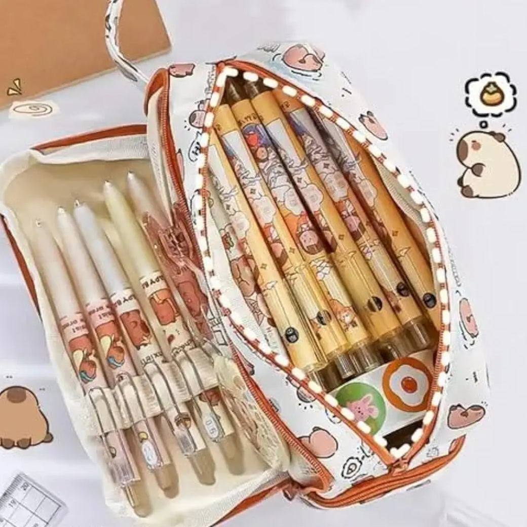Cute Kawaii Print Pencil Pouch with 3Compartments, Multifunctional Stationery Organizer for School Office, Students, Stationery Pouch, Cosmetic Zip Pouch