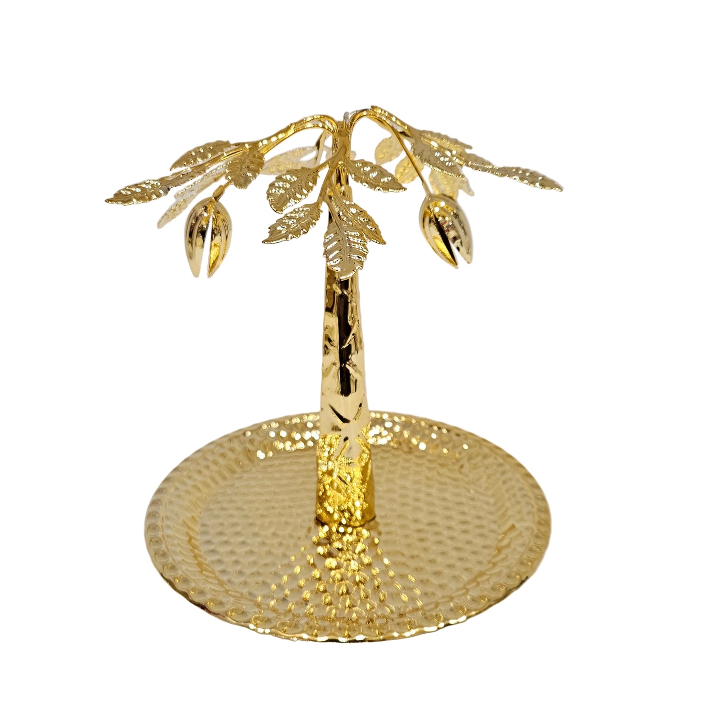 Golden metal tree decorative tray, commonly used as a jewelry organizer, trinket dish, or catering display centerpiece