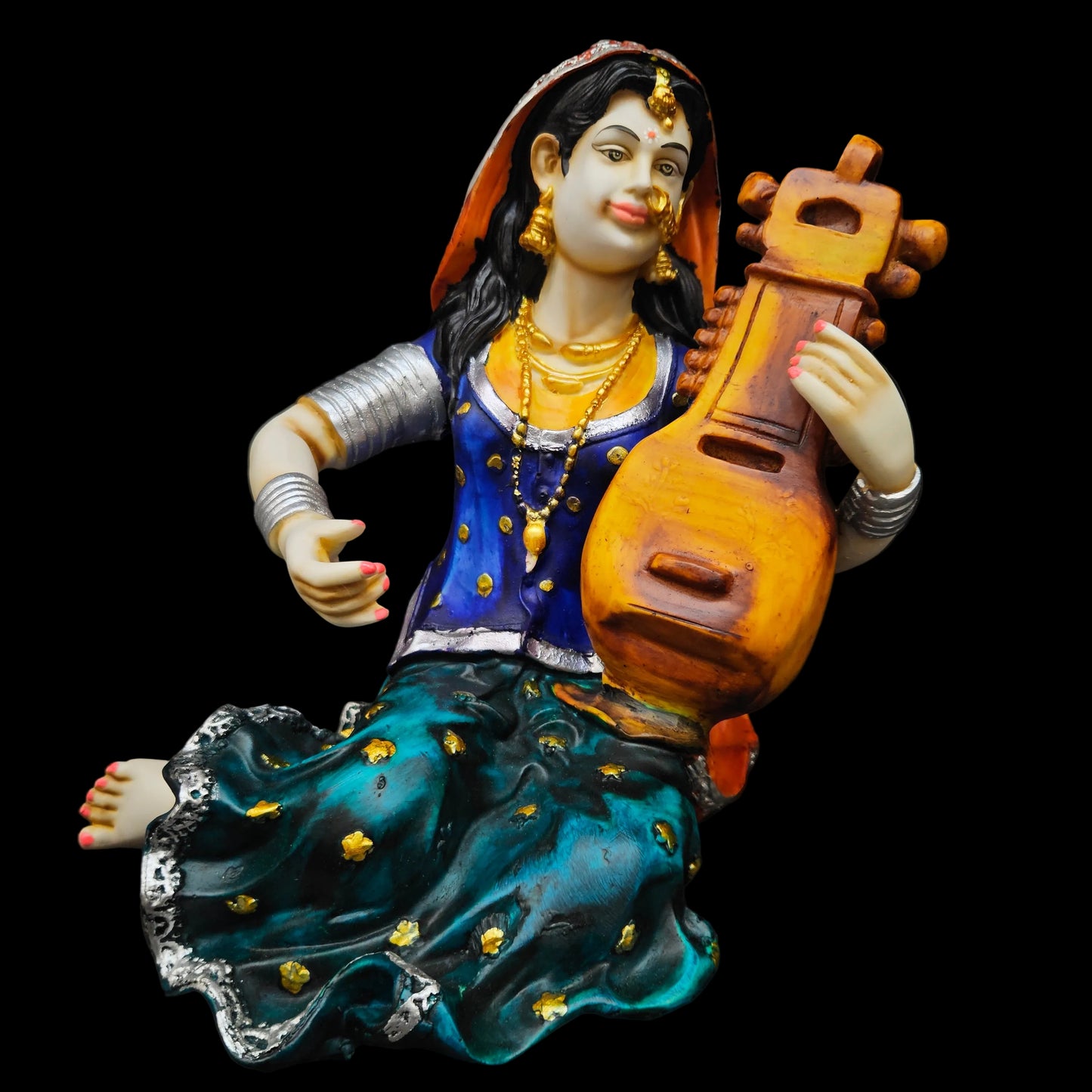 India Resin Rajasthani tradition Woman Playing Sitar Statue Human Figurine Showpiece for Home Decor Living Room Bedroom | Gift for Diwali