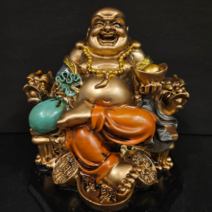 Chinese Handicrafts Resin Laughing Buddha Sitting on Dragon Chair Sculpture Wealth Lucky Statue Home Decoration Gift