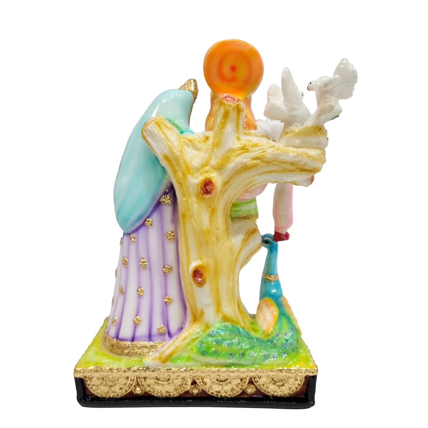 Gold Plated Radha Krishna Murti Cultured Marble with Peacock, Radha Krishna Statue for Home Decor