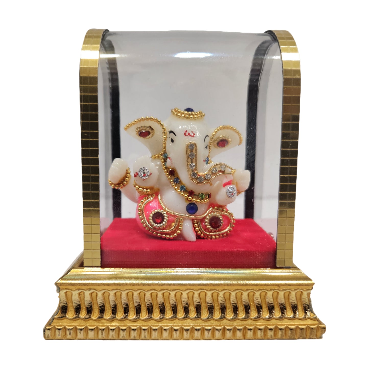 Ganesh Idol for Car Dashboard in Glass Box, Gold, Yellow and Red, Left Trunk Figurine Showpiece