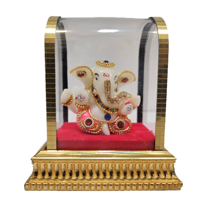 Ganesh Idol for Car Dashboard in Glass Box, Gold, Yellow and Red, Left Trunk Figurine Showpiece