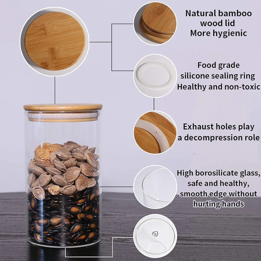 Glass Food Storage Containers Set of 3 ,Airtight Food Jars with Bamboo Wooden Lids, Kitchen Canisters for Sugar,Candy, Cookie, Rice and Spice kitchen storage, Round -320ml -3pcs