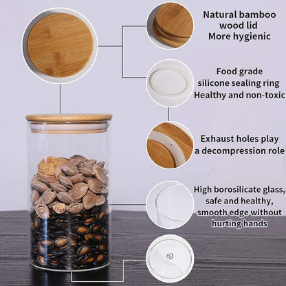 Glass Food Storage Containers Set of 3 ,Airtight Food Jars with Bamboo Wooden Lids, Kitchen Canisters for Sugar,Candy, Cookie, Rice and Spice kitchen storage, Round -320ml -3pcs